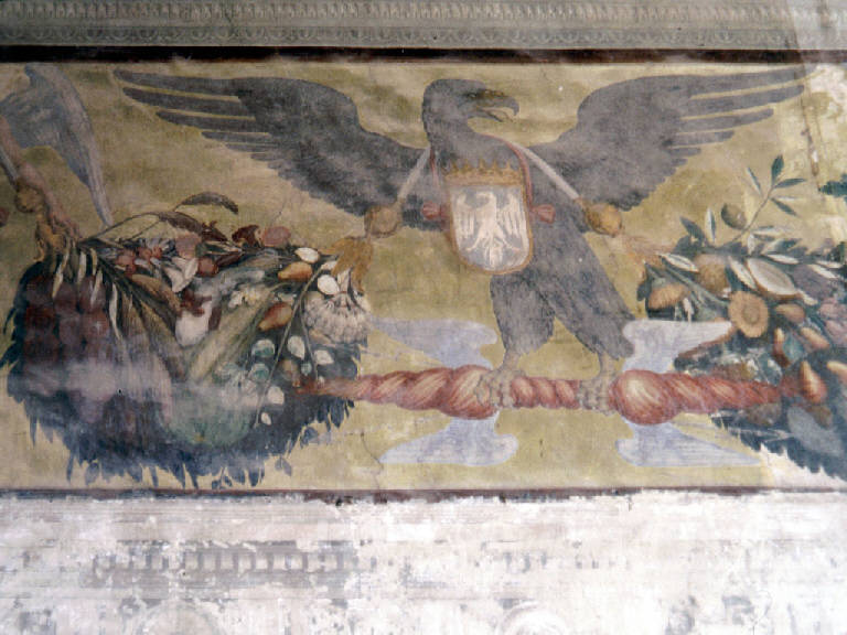 AQUILE, STEMMI, FESTONI DI FIORI E FRUTTA (dipinto murale) di Pesenti Pietro Martire (attr.) (seconda metà sec. XVI)