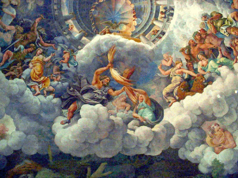 Caduta dei Giganti (dipinto murale) di Giulio Romano; Rinaldo Mantovano; Ghisoni Fermo; Luca da Faenza detto Figurino (e aiuti; attr.; attr.; attr.) (secondo quarto sec. XVI)