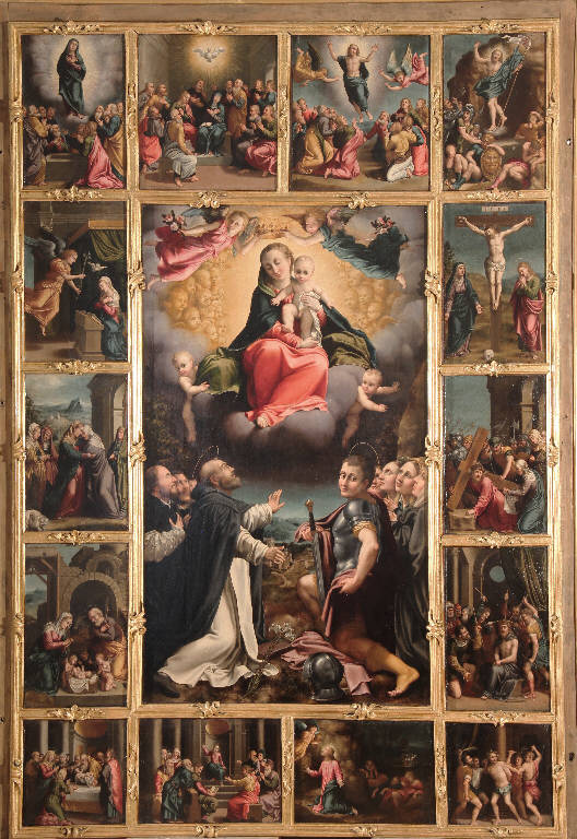 Madonna del Rosario con i SS. Domenico e Alessandro e devoti (dipinto) di Gatti, Bernardino [il Sojaro] - ambito lombardo (secondo quarto sec. XVI)