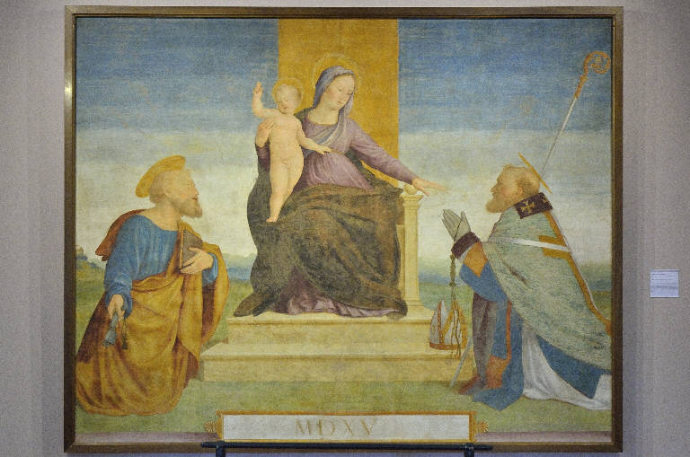 Madonna col Bambino in trono tra i santi Pietro e Ambrogio (dipinto murale staccato) di Ferrari, Bernardino - ambito lombardo (inizio sec. XVI)