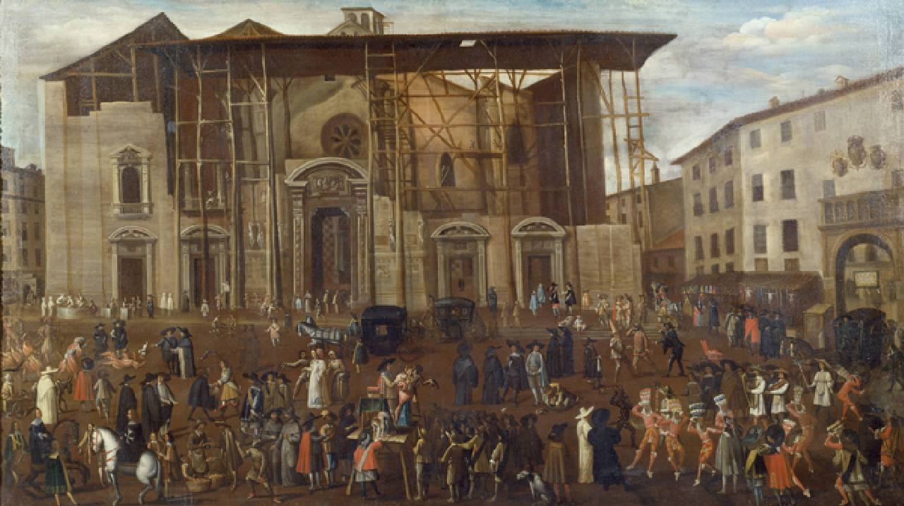 Scene carnevalesche in Piazza del Duomo, Veduta della facciata del Duomo di Milano in costruzione con scene carnevalesche (dipinto) - scuola milanese (sec. XVII)
