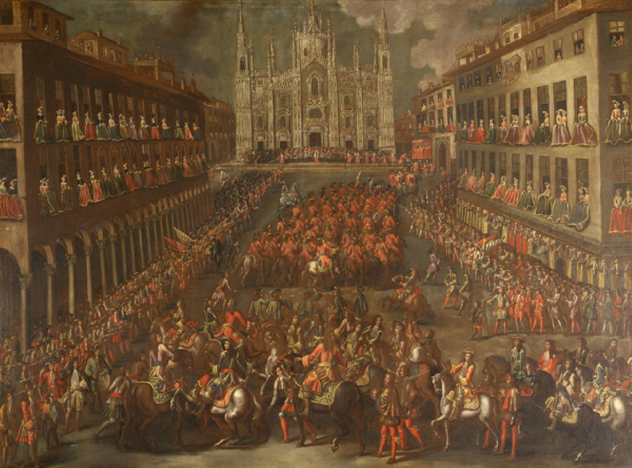 Ingresso del corteo di Eugenio di Savoia in Piazza del Duomo, Arrivo trionfale del corteo del Principe Eugenio di Savoia a Milano in piazza Duomo (dipinto) - scuola milanese (sec. XVII)