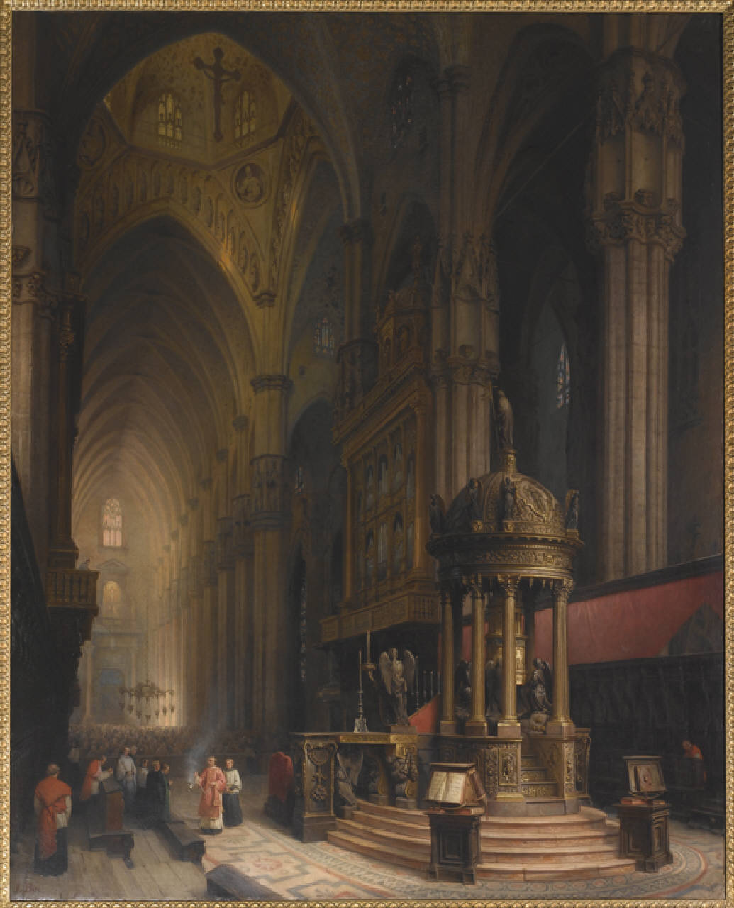 La Sagrestia del Duomo di Milano, Interno del Duomo di Milano (dipinto) di Bisi Luigi - vedutismo romantico (sec. XIX)