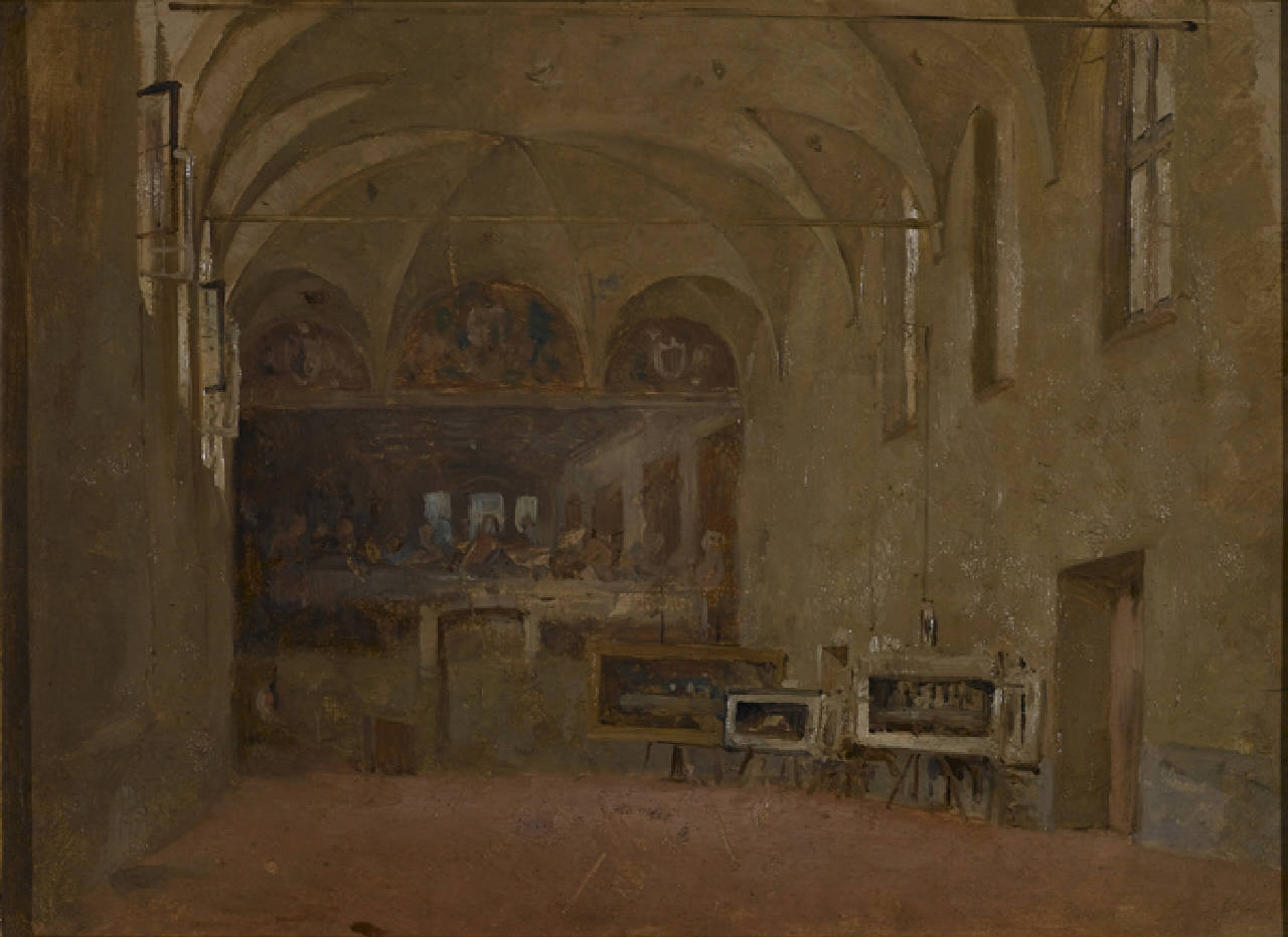 Interno del Cenacolo, Interno del Refettorio di Santa Maria delle Grazie con il Cenacolo di Leonardo (dipinto) di Casnedi Raffaele (sec. XIX)
