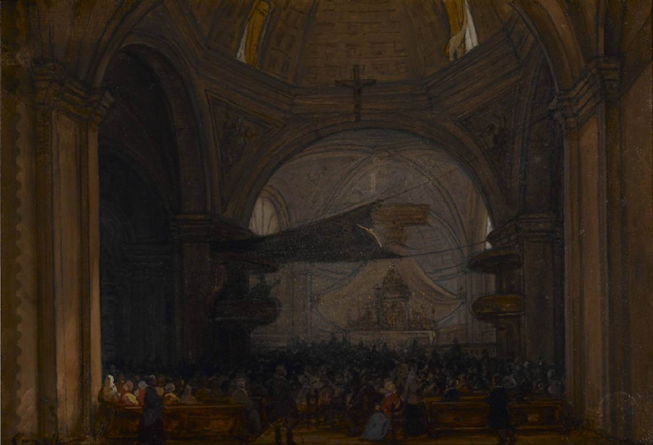 Interno della chiesa di San Nazaro durante la predica, Interno della chiesa di San Nazaro a Milano (dipinto) di Canella Giuseppe (sec. XIX)