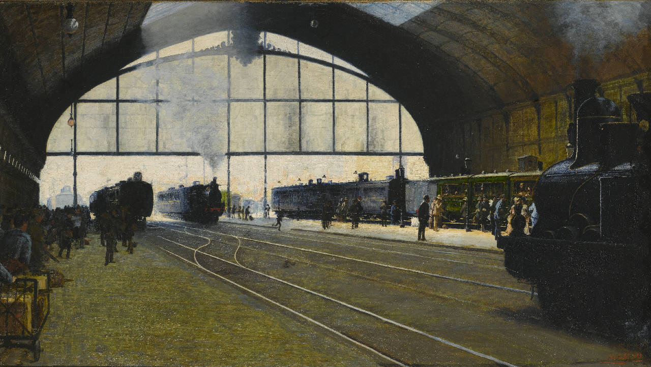 La Stazione Centrale di Milano nel 1889, I binari della vecchia Stazione Centrale di Milano nel 1889 (dipinto) di Morbelli Angelo - divisionismo (sec. XIX)