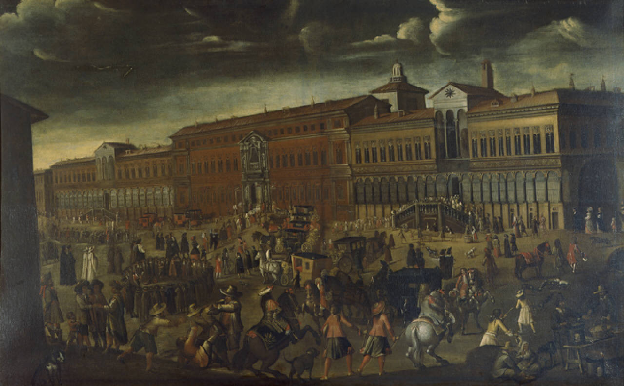 Facciata dell'Ospedale Maggiore, Facciata dell'Ospedale Maggiore verso via Festa del Perdono a Milano (dipinto) di Anonimo (sec. XIX)