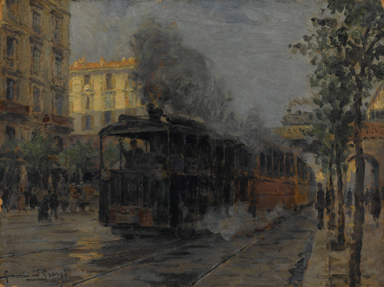 Corso Buenos Aires col vecchio tram a vapore, Corso Buenos Aires a Milano con passaggio del tram a vapore (dipinto) di Grossi Giannino (sec. XX)