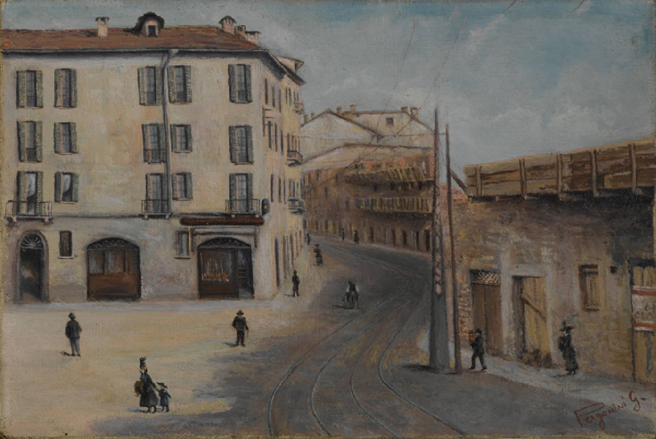 Piazzetta del Sole (e via S. Pietro in Gessate), Piazzetta del Sole a Milano nel 1916 (dipinto) di Pergonini Giulietta (sec. XX)