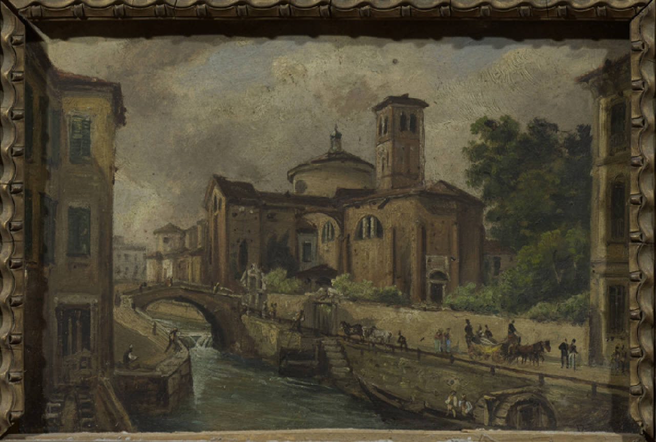 Ponte e chiesa di San Marco a Milano 1836, Il naviglio presso il ponte e la chiesa di San Marco a Milano nel 1836 (dipinto) di Anonimo (sec. XIX)