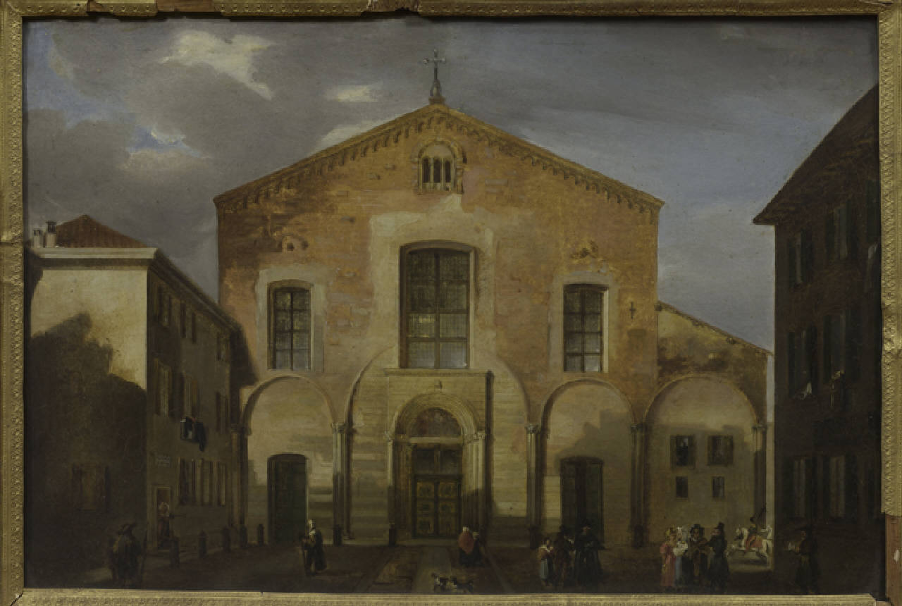 San Simpliciano, Chiesa di San Simpliciano a Milano prima del restauro ottocentesco e piazza antistante (dipinto) di Anonimo (sec. XIX)