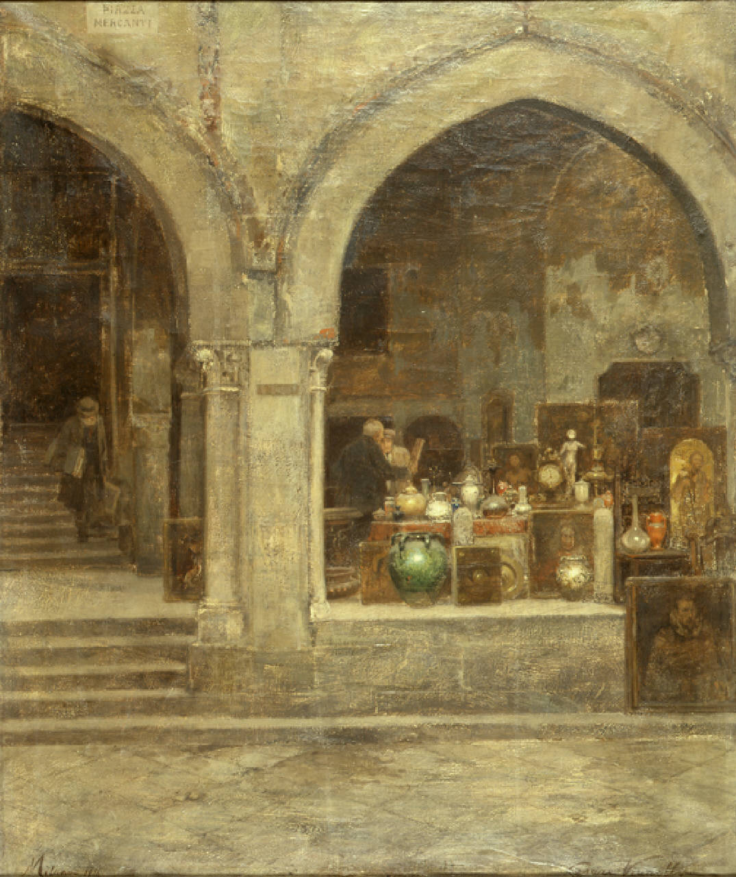 Piazza Mercanti, Piazza Mercanti a Milano con l'esposizione delle merci di un antiquario sotto il portico di Casa Panigarola (dipinto) di Vianello Cesare (sec. XX)