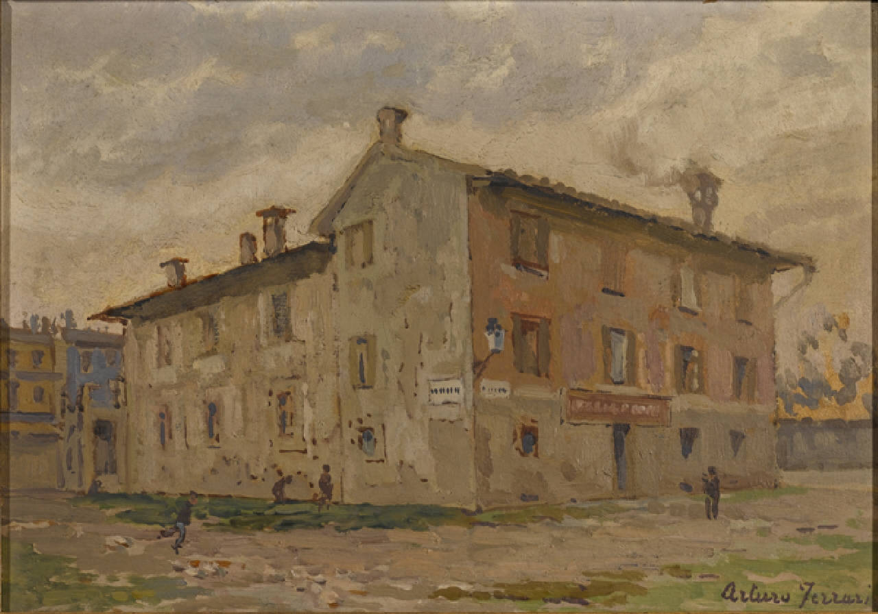 Antica frazione dell'Acquabella detta "Ca' Storta" = via Mellone, Antica frazione dell'Acquabella detta "Ca' Storta", a Milano nel 1916 (dipinto) di Ferrari Arturo (sec. XX)
