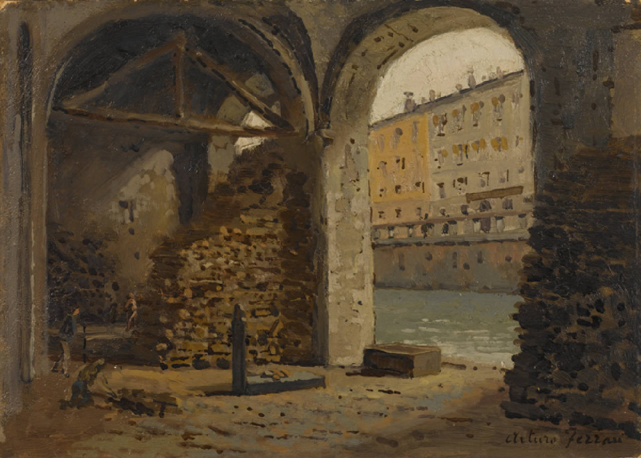 Vecchia Sostra al Ponte di Porta Vittoria, Vecchia "sostra" presso il ponte di Porta Vittoria a Milano nel 1916 (dipinto) di Ferrari Arturo (sec. XX)
