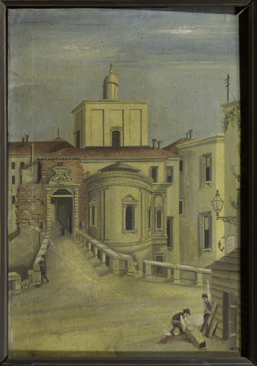 Porta dell'Ospedale Maggiore verso via Francesco Sforza, Porta dell'Ospedale Maggiore a Milano verso via Francesco Sforza (dipinto) di Anonimo (sec. XIX)