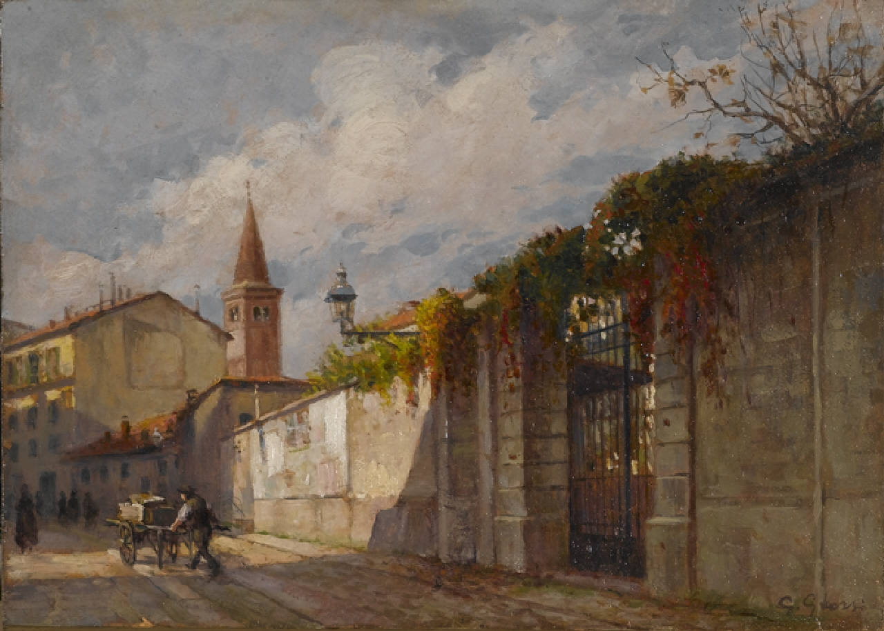 In Via Annunciata, Via dell'Annunciata a Milano (dipinto) di Grossi Giannino (primo quarto sec. XX)