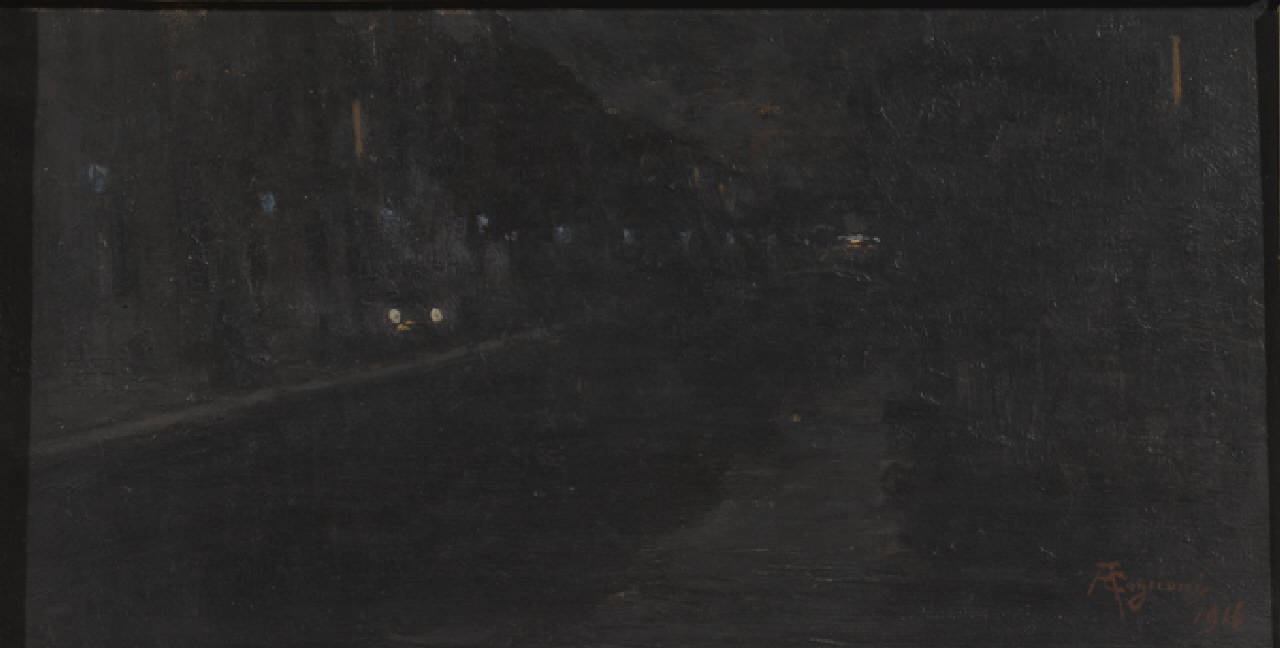 Via Senato di notte durante la guerra - 1916, Via Senato a Milano, di notte, nel 1916 (dipinto) di Cagnoni Amero (sec. XX)