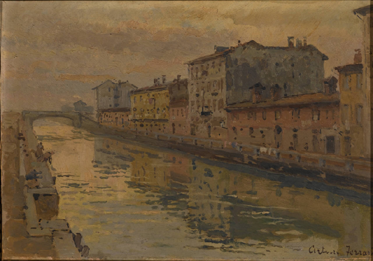 Ripa di Porta Ticinese, Ripa di Porta Ticinese a Milano nel 1895 (dipinto) di Ferrari Arturo (sec. XIX)