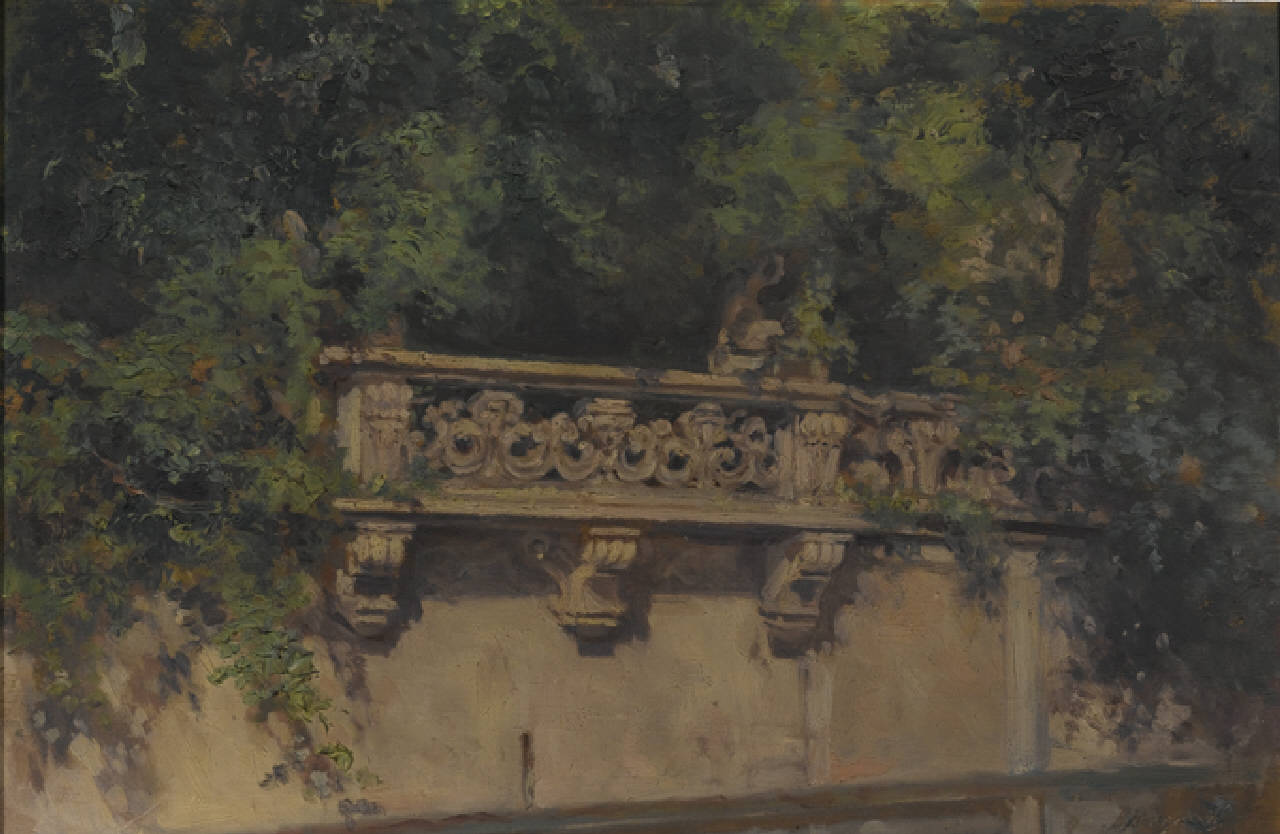 Balconata di casa Visconti verso il Naviglio, Balconata di casa Visconti verso il Naviglio a Milano (dipinto) di Barzanti Licinio (prima metà sec. XX)