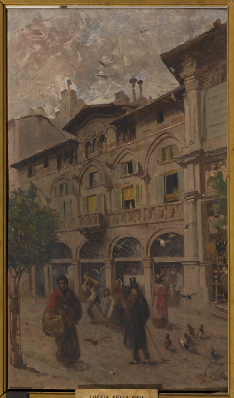 La loggia degli Osii avanti il restauro, Piazza Mercanti a Milano con facciata della Loggia degli Ossi prima del restauro del 1914 (dipinto) di Bartoli? (primo quarto sec. XX)