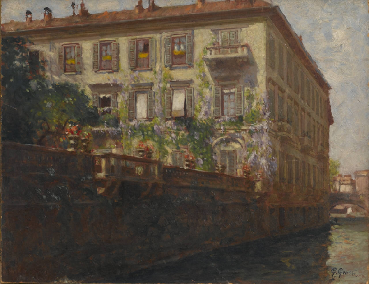 Palazzo Silvestri sul Naviglio, Palazzo Silvestri a Milano intorno al 1917 con la facciata lungo il naviglio (dipinto) di Grossi Giannino (sec. XX)