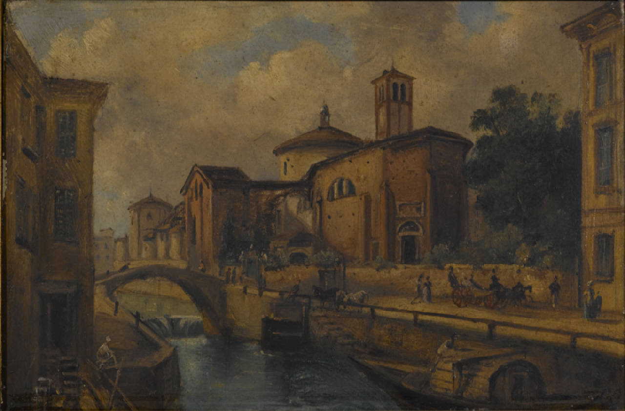 Abside di San Marco e Ponte Marcellino, Abside della chiesa di San Marco e Ponte Marcellino a Milano nel 1840 (dipinto) di Chapon Cesare (sec. XIX)