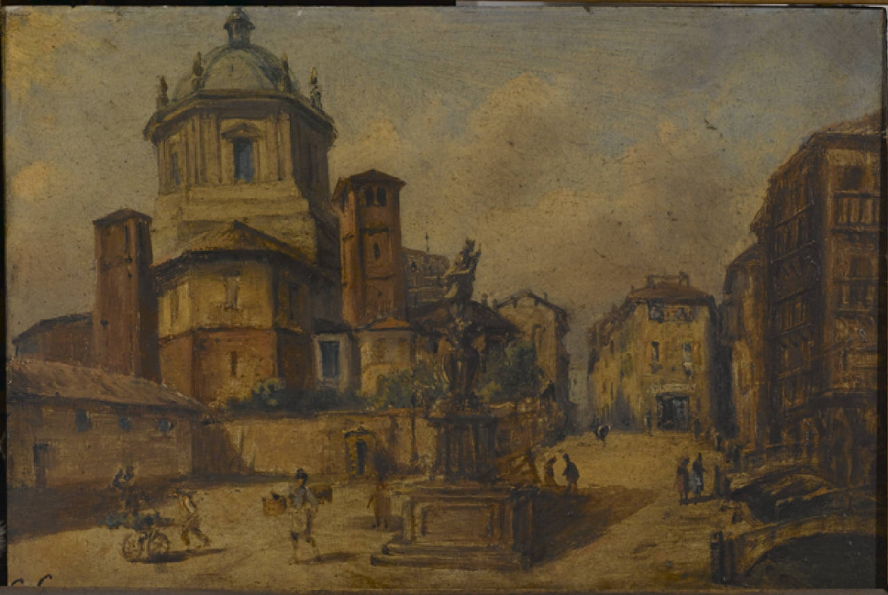 Piazza della Vetra e S.Lorenzo nell'anno 1840, Piazza Vetra e chiesa di San Lorenzo a Milano nel 1840 (dipinto) di Chapon Cesare (sec. XIX)