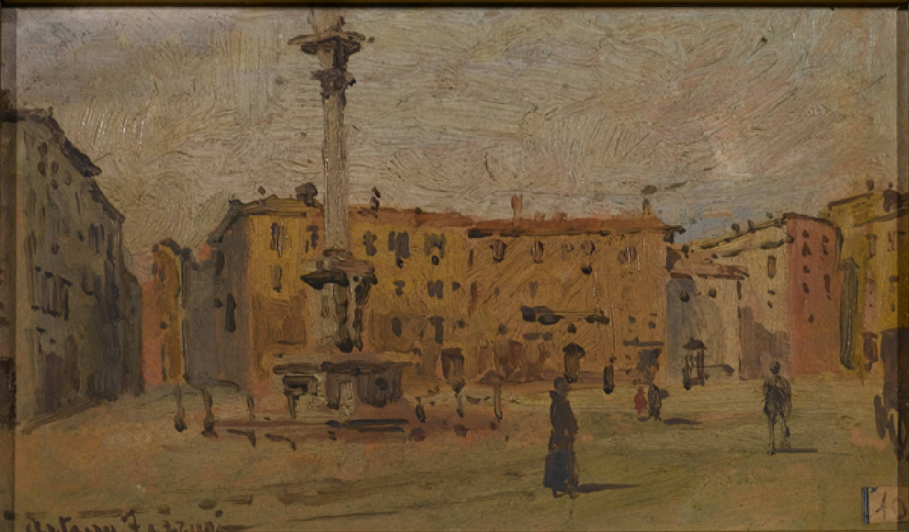 Piazza del Verziere - La "Colonna", Piazza del Verziere con la Colonna omonima a Milano (dipinto) di Ferrari Arturo (primo quarto sec. XX)
