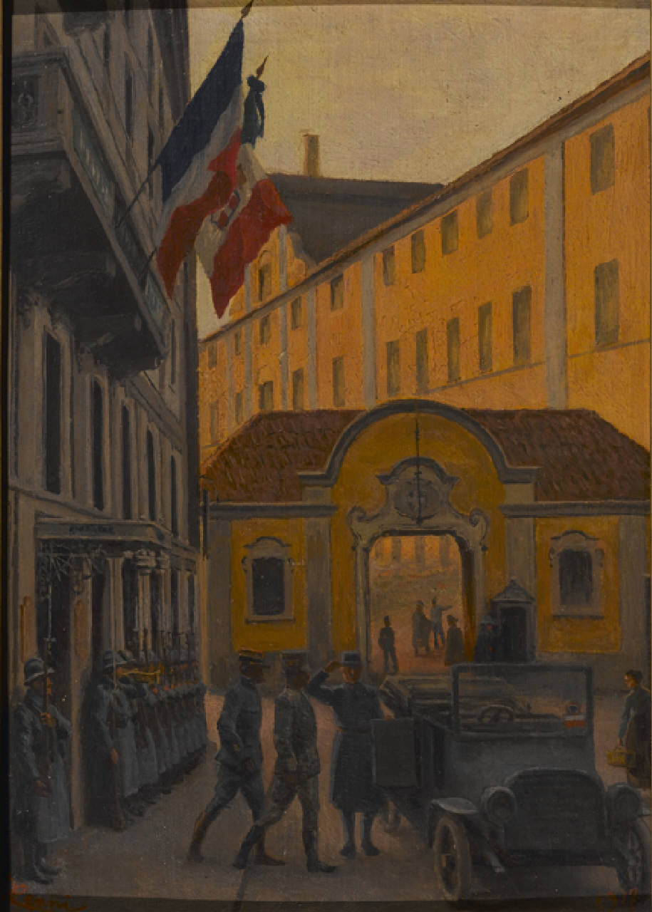 Comando della base francese in Milano 1917, Il Comando francese nella sede milanese presso l'Albergo del Parco in via Parini nel 1917 (dipinto) di Cenni Italo (sec. XX)
