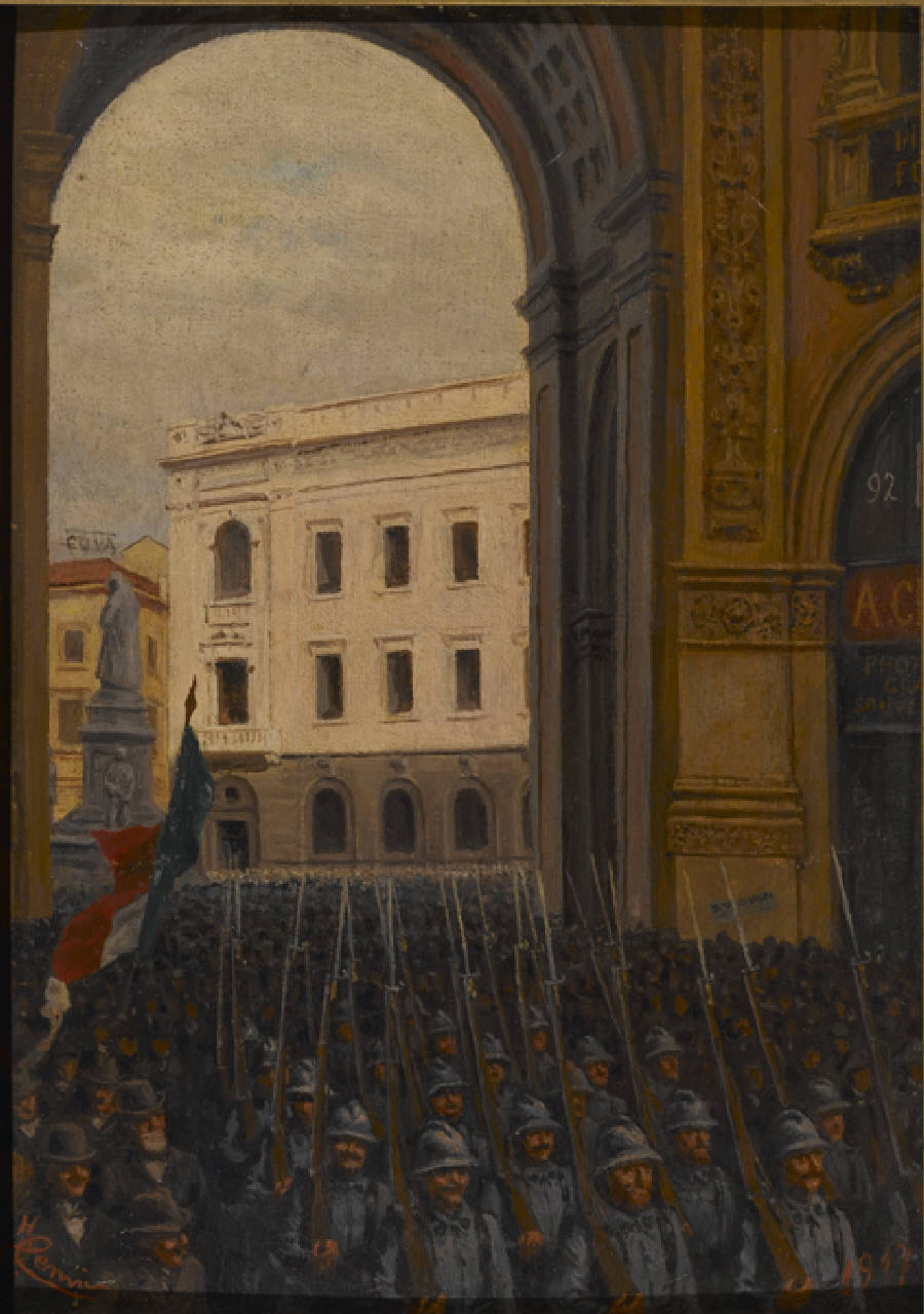 Truppe francesi da PIazza della Scala imboccano la Galleria, Le truppe francesi imboccano la Galleria Vittorio Emanuele a Milano nel 1917 (dipinto) di Cenni Italo (sec. XX)