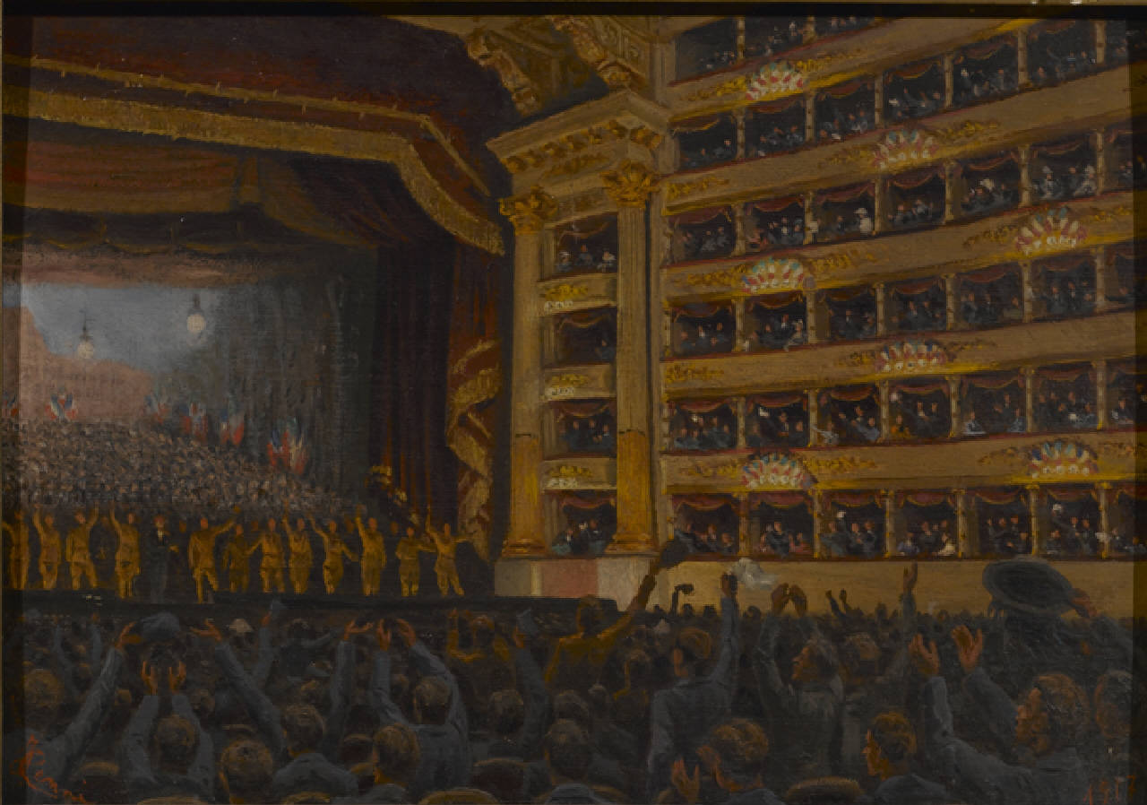 Teatro della Scala. Truppe alleate assistono a concerto patriottico, Soldati delle truppe alleate assistono a un concerto patriottico nel Teatro alla Scala di Milano, nel 1917 (dipinto) di Cenni Italo (sec. XX)