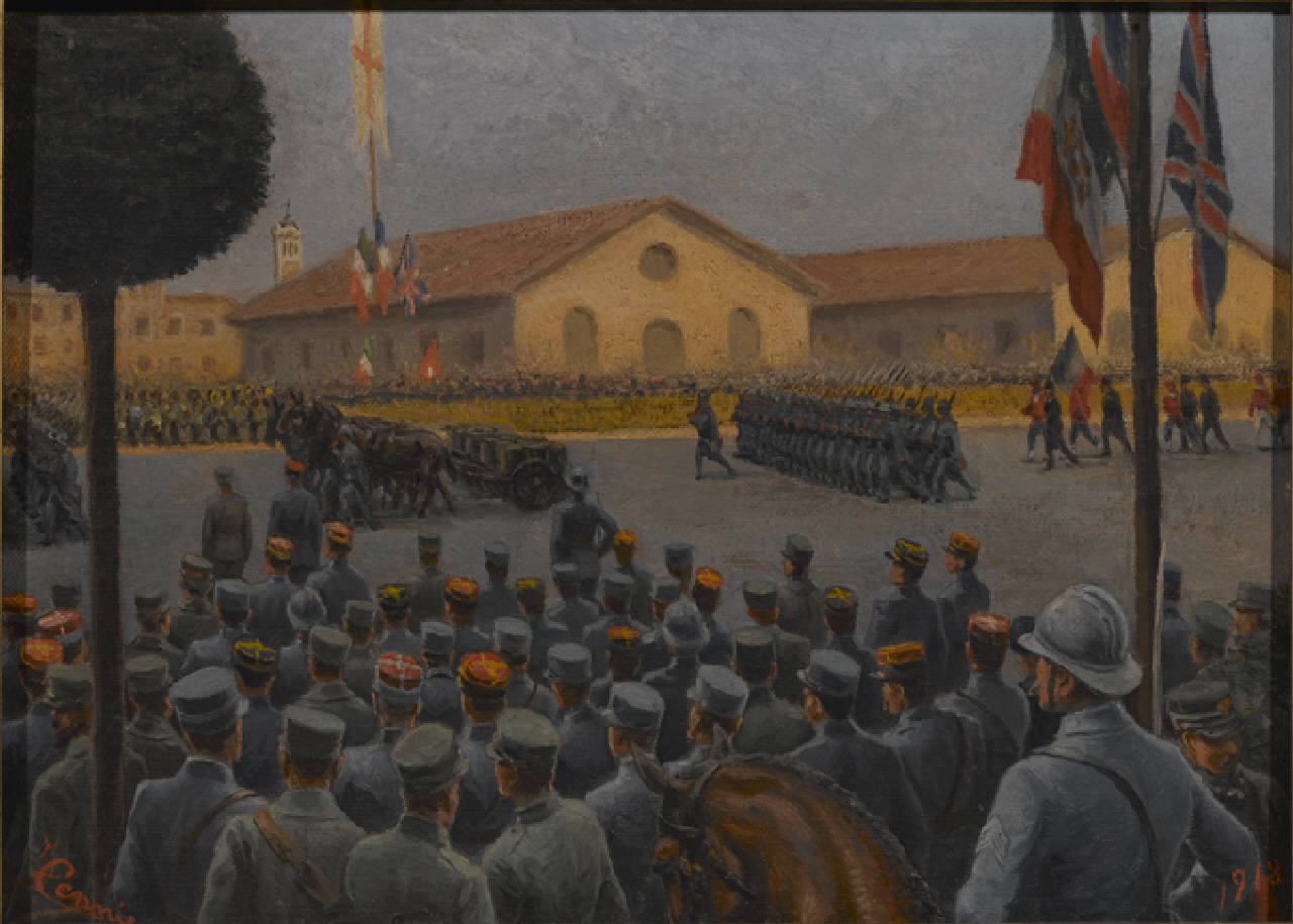 Il cortile della caserma Montebello durante una cerimonia militare italo-francese, Il cortile della caserma Montebello di Milano durante una cerimonia militare nel 1918 (dipinto) di Cenni Italo (sec. XX)