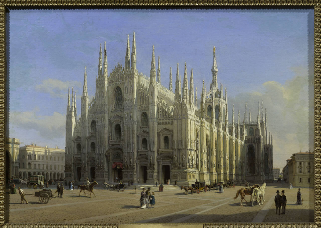 Piazza del Duomo. Il Duomo di Milano, Piazza del Duomo a Milano intorno al 1880 (dipinto) di Anonimo (sec. XIX)