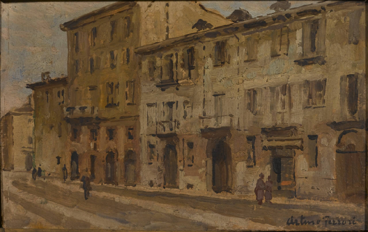 In Via Chiusa 1918, Scorcio di Via della Chiusa a Milano nel 1918 (dipinto) di Ferrari Arturo (sec. XX)