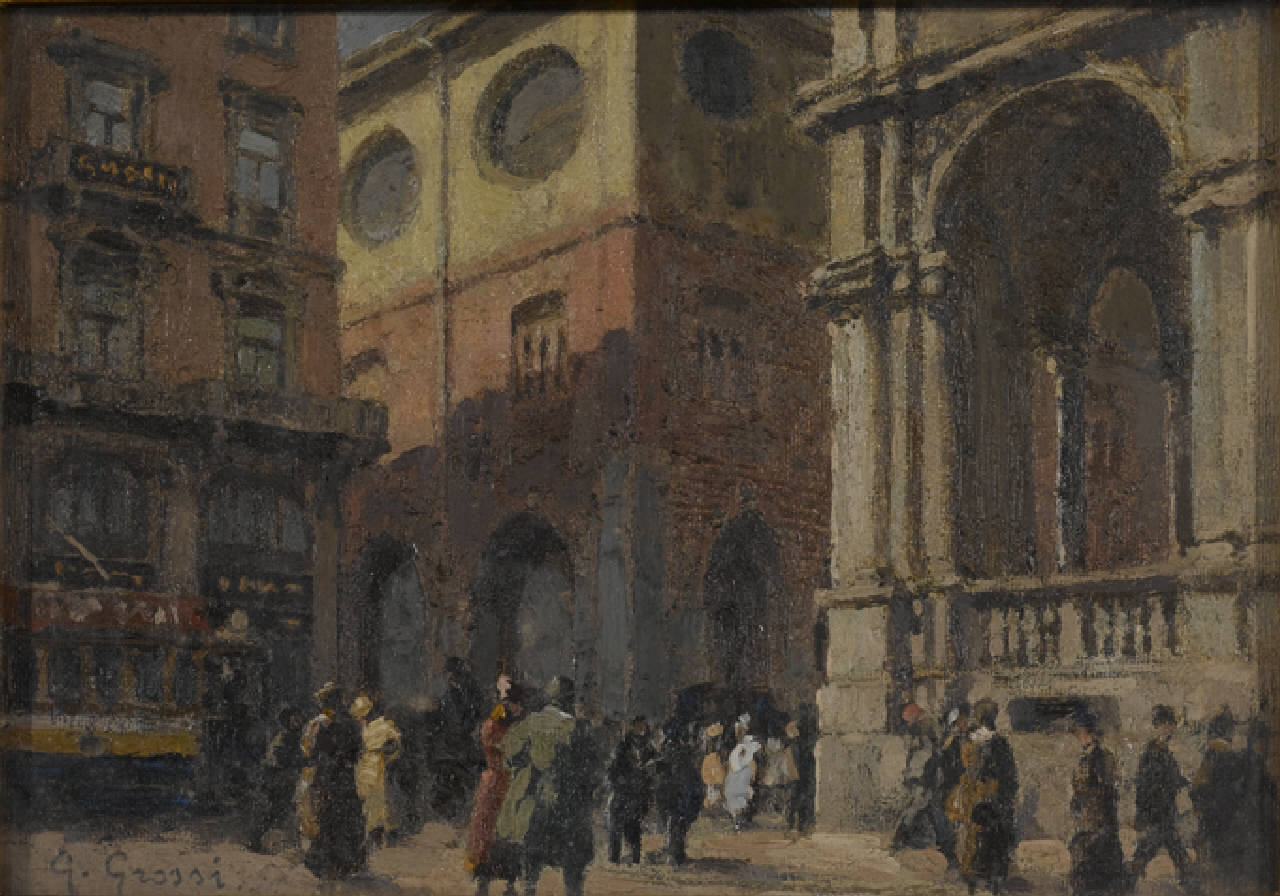 Via Mercanti verso Piazza del Duomo, Via Mercanti vista da Piazza del Duomo a Milano (dipinto) di Grossi Giannino (prima metà sec. XX)