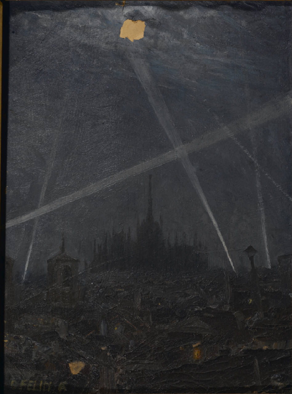 Notte di guerra a Milano, Veduta Panoramica notturna di Milano con il Duomo, durante la Prima Guerra Mondiale (dipinto) di Felin Bruno (sec. XX)