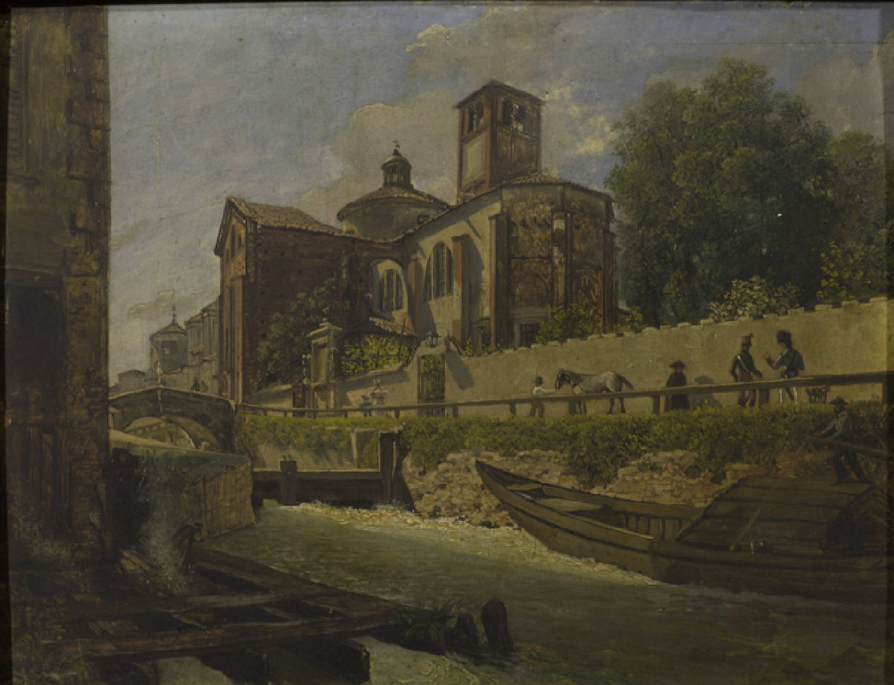 San Marco: l'abside e il fianco destro, Abside e lato di San Marco con omonimo Naviglio a Milano (dipinto) di Anonimo (sec. XIX)