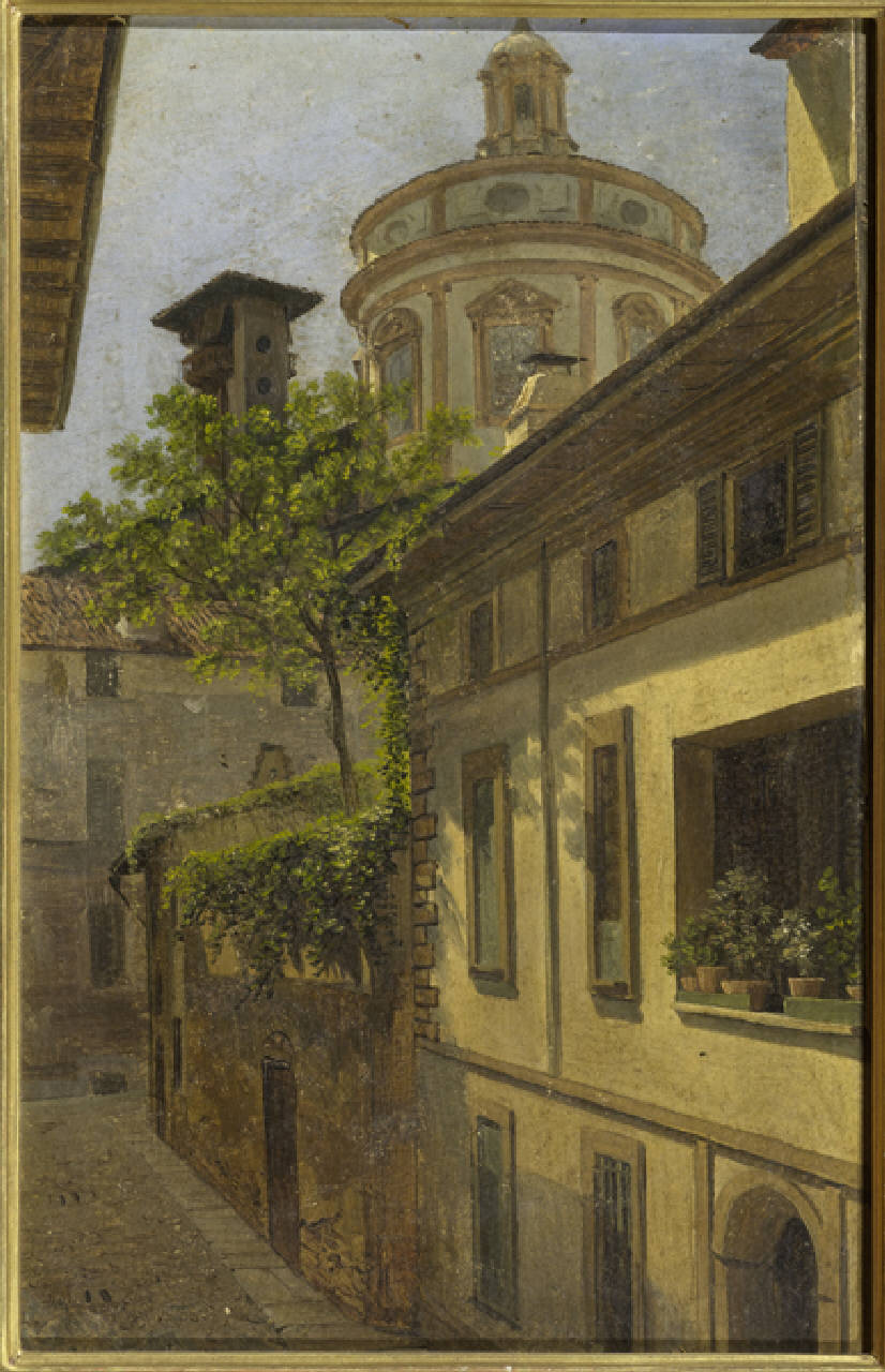 La cupola di San Fedele vista dalla via omonima, Antica via San Fedele a Milano, con vista della cupoladell'omonima chiesa (dipinto) di Anonimo (primo quarto sec. XX)