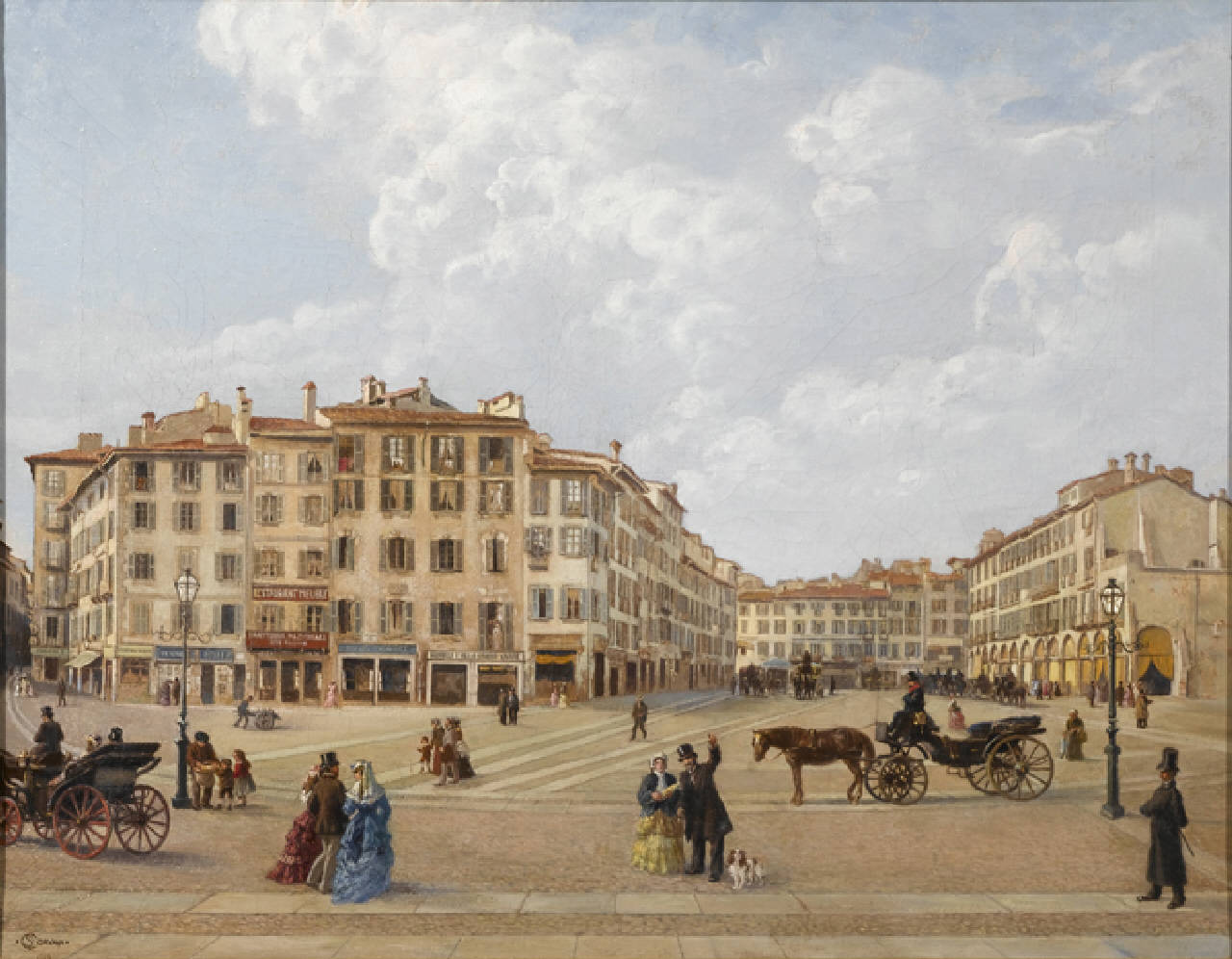 La Piazza del Duomo nel 1862 da vecchia fotografia, Piazza del Duomo a Milano, da una fotografia del 1862, vista dai gradini della cattedrale (dipinto) di Corvaya Salvatore (primo quarto sec. XX)