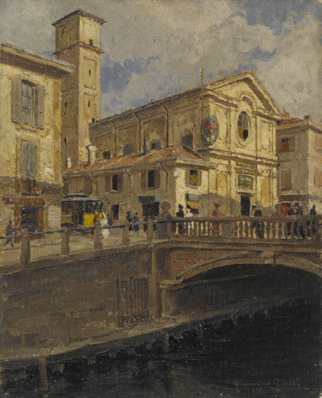 Antica chiesa di San Damiano, Chiesa e ponte di San Damiano a Milano (dipinto) di Grossi Giannino (sec. XX)