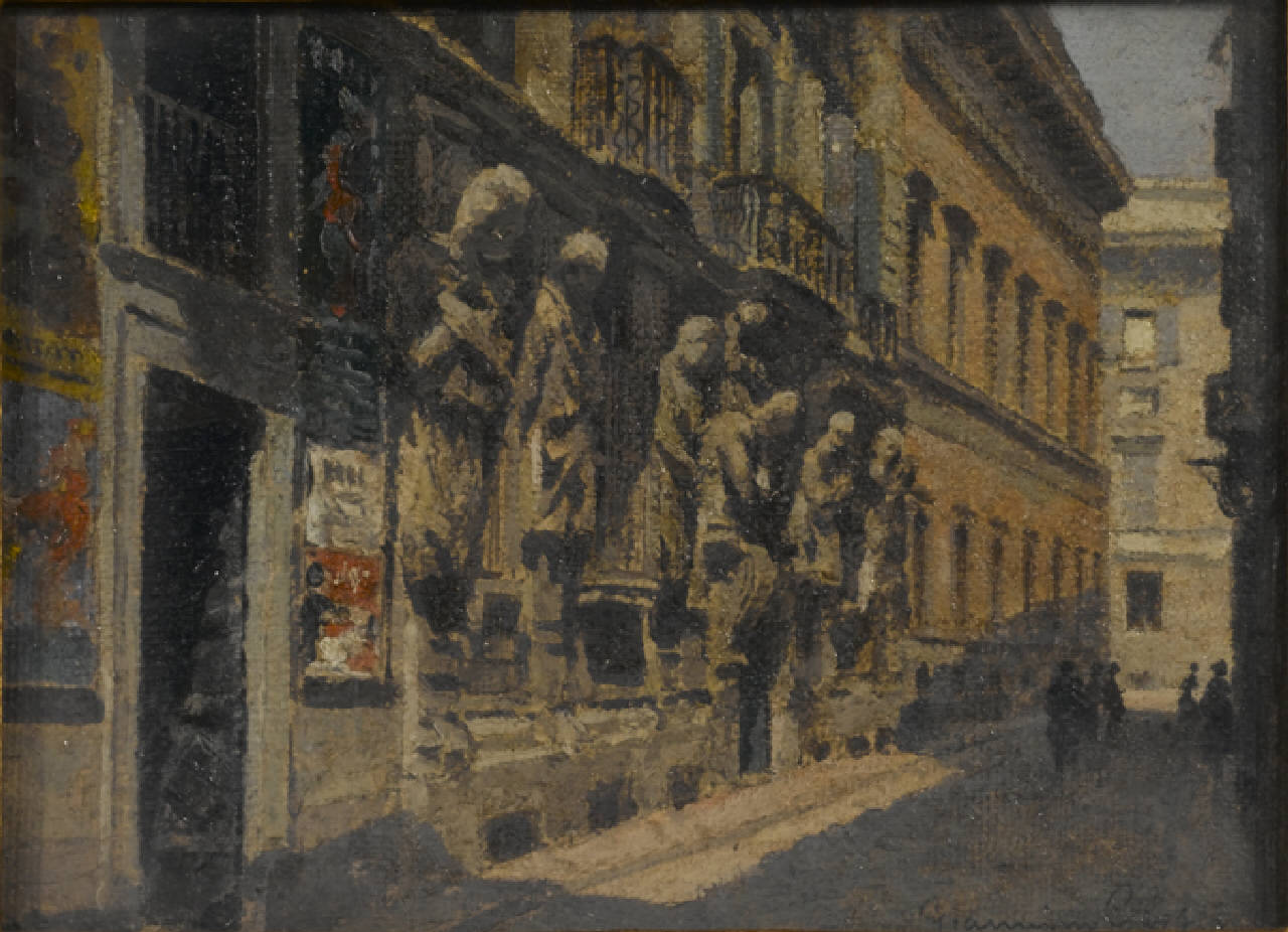 Via Omenoni, Via degli Omenoni a Milano, con la casa di Leone Leoni (dipinto) di Grossi Giannino (sec. XX)