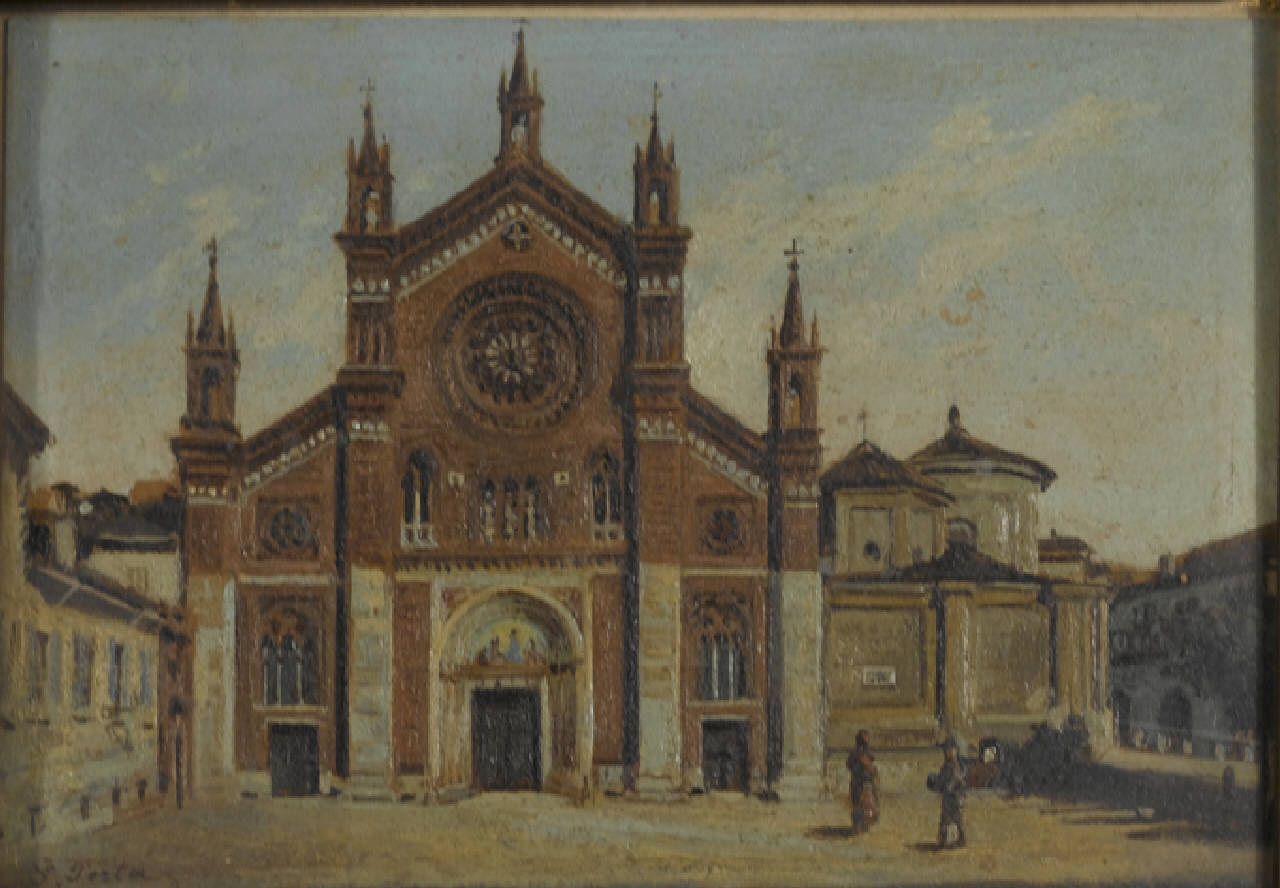 Facciata di San Marco dopo i restauri, Piazza San Marco a Milano con la facciata della chiesa dopo i restauri del 1882 (dipinto) di Porta Gerardo (sec. XIX)