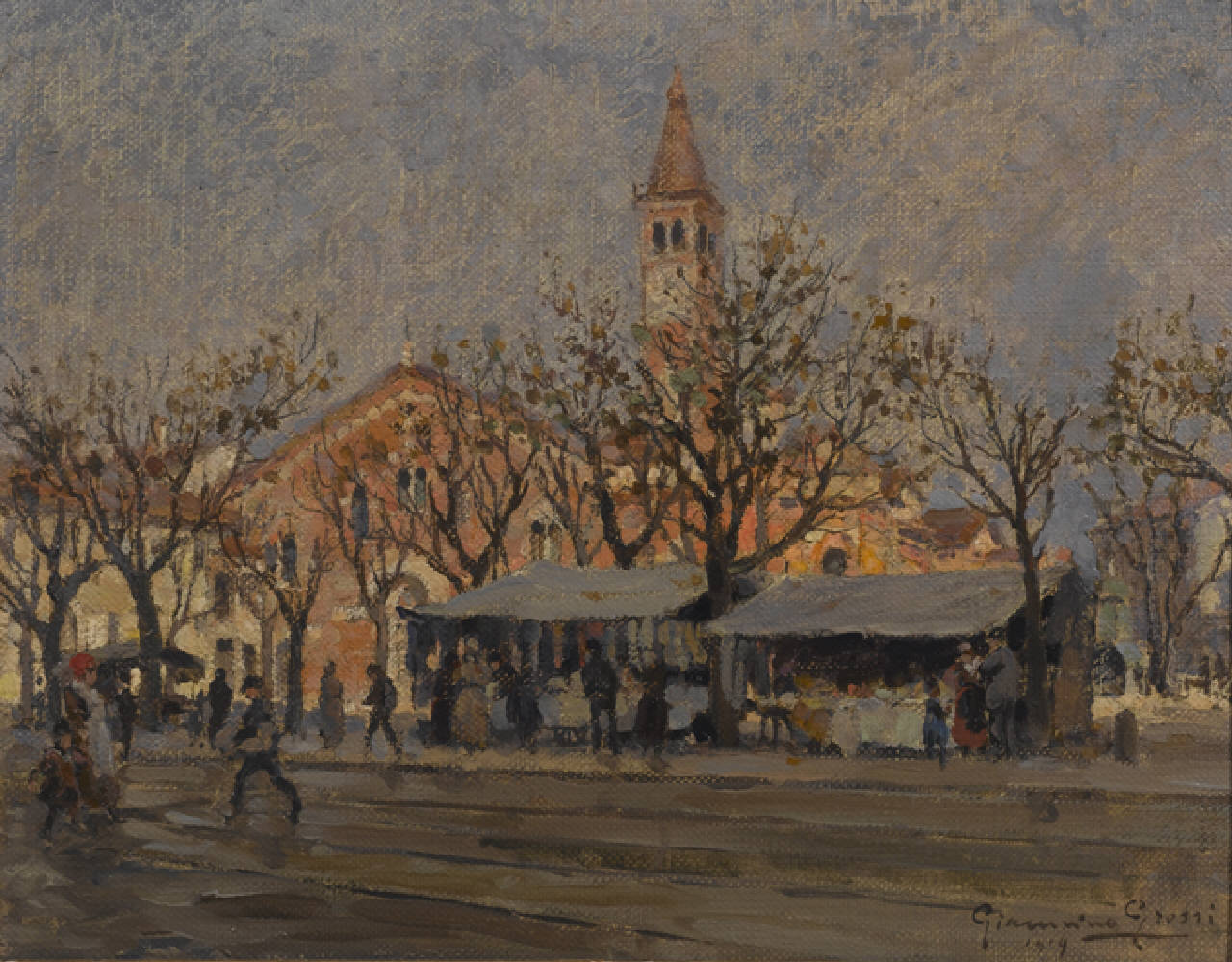 Piazza Sant'Eustorgio, Piazza Sant'Eustorgio a Milano nel 1919 (dipinto) di Grossi Giannino (sec. XX)