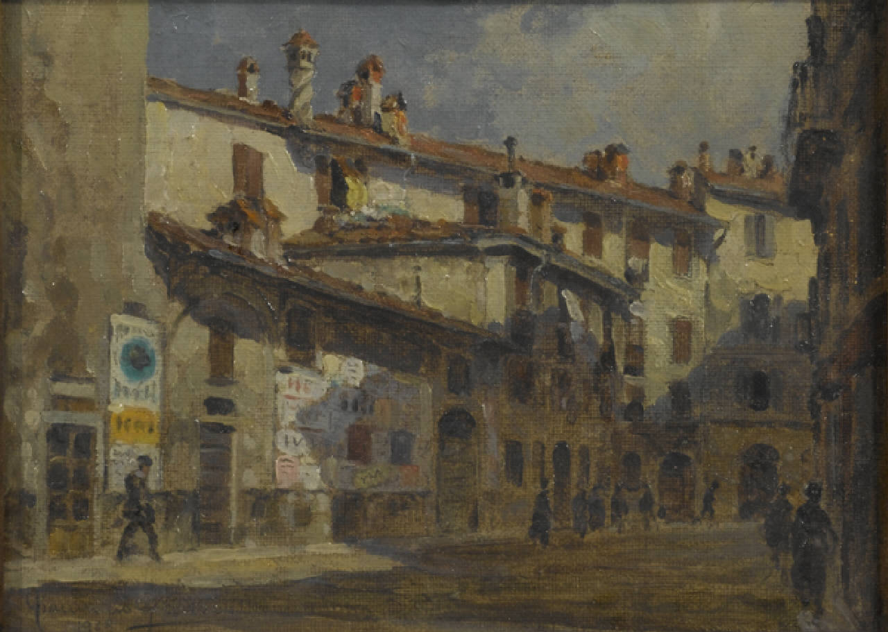 Vecchie case in via Laghetto, Vecchie case in via Laghetto a Milano (dipinto) di Grossi Giannino (sec. XX)