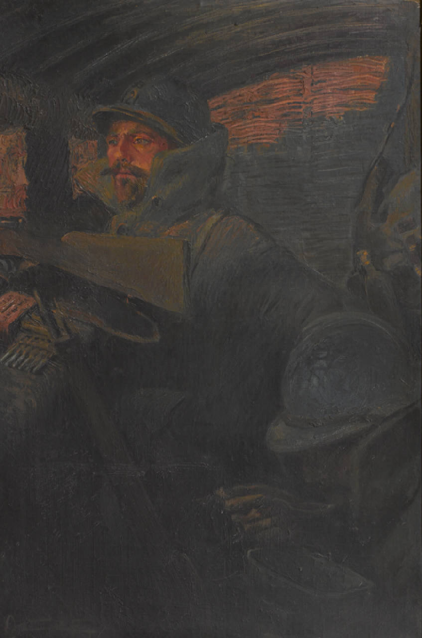 Rancio in linea. Rancio in trincea, Autoritratto dell'artista come soldato in trincea (dipinto) di Caffi Annibale (sec. XX)