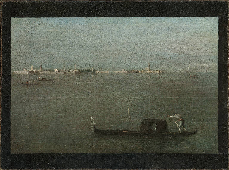 Gondole sulla laguna (Laguna grigia), veduta della laguna con gondole (dipinto) di Guardi, Francesco (sec. XVIII)