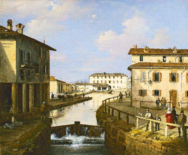 Il Naviglio dal ponte di San Marco, veduta di Milano (dipinto) di Inganni, Angelo (sec. XIX)