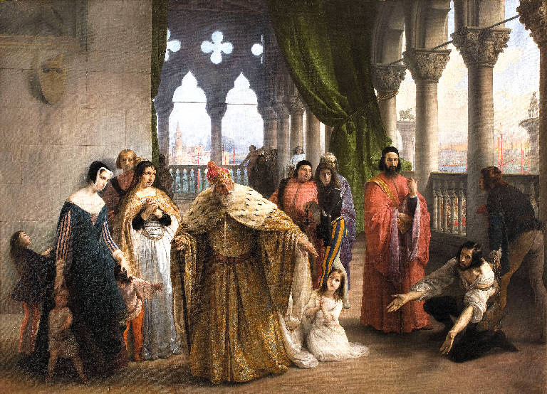 L'ultimo abboccamento di Jacopo Foscari con la propria famiglia (I due Foscari), episodio della vita di Francesco Foscari (dipinto) di Hayez, Francesco (sec. XIX)