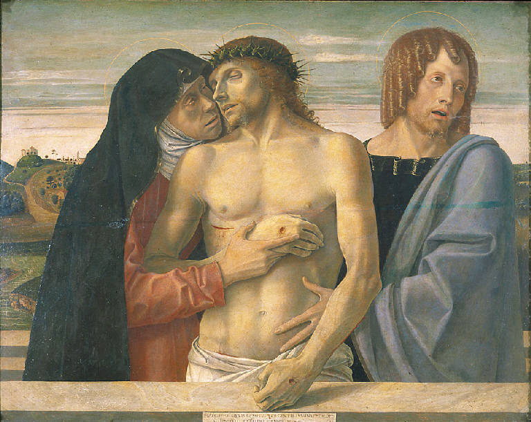 Pietà, Cristo in pietà tra la Madonna e San Giovanni Evangelista (dipinto) di Bellini, Giovanni (sec. XV)