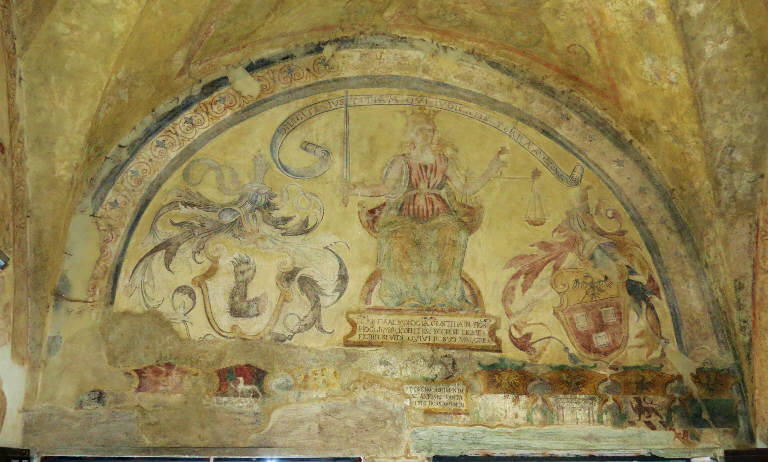 Giustizia dei Grigioni, Giustizia con gli stemmi Planta e Quadrio (dipinto murale) - ambito valtellinese (metà sec. XVI)